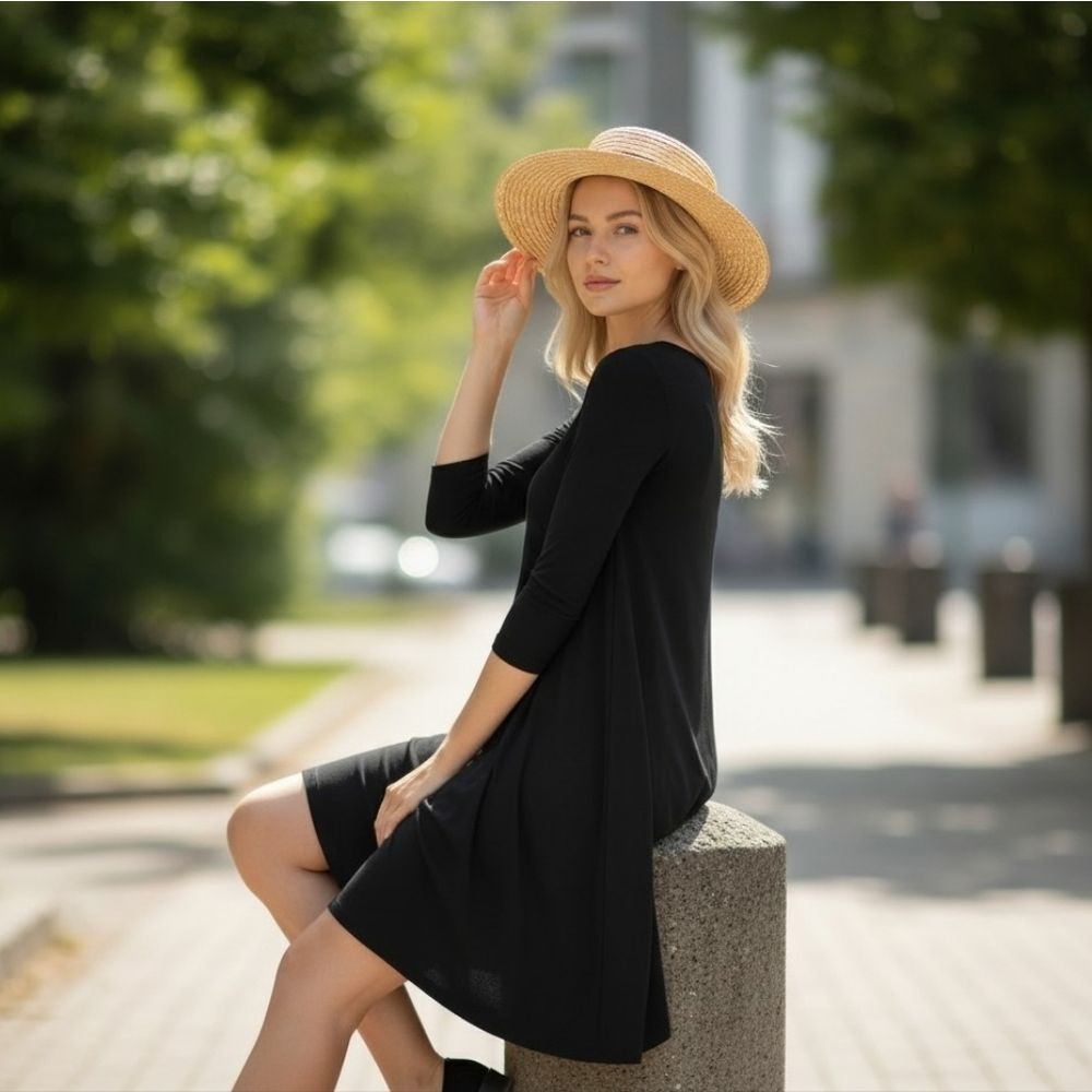 Altar'd State Solid Black Long Sleeve Jersey Knit Swing Dress Back Zip Loose Fit